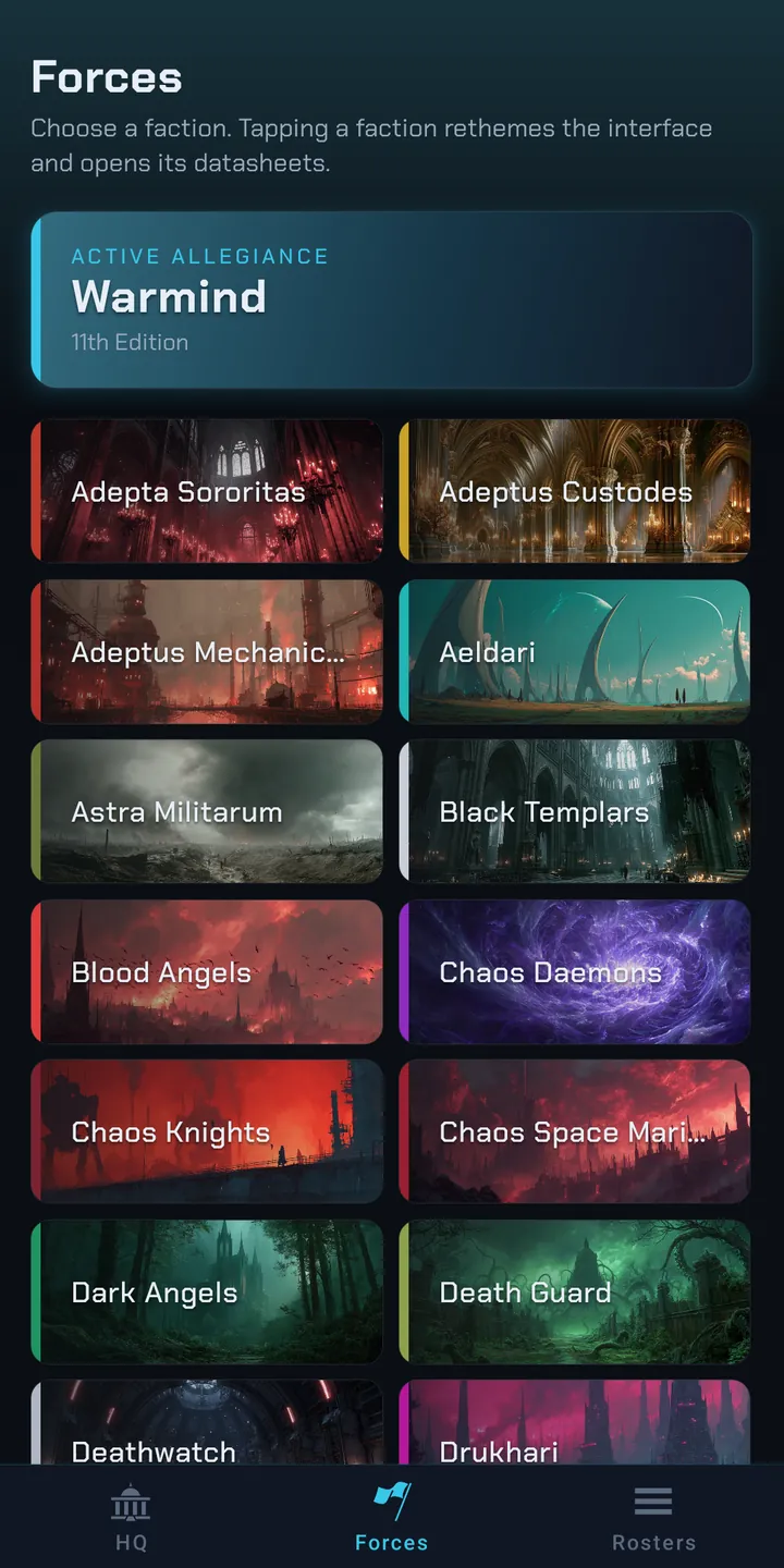 The Forces screen listing Adepta Sororitas, Adeptus Custodes, Aeldari and the rest, each on its own artwork.